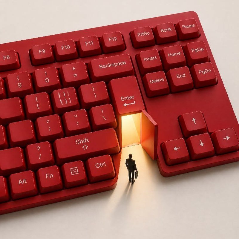 Teclado vermelho com uma porta aberta e uma pessoa de terno entrando
