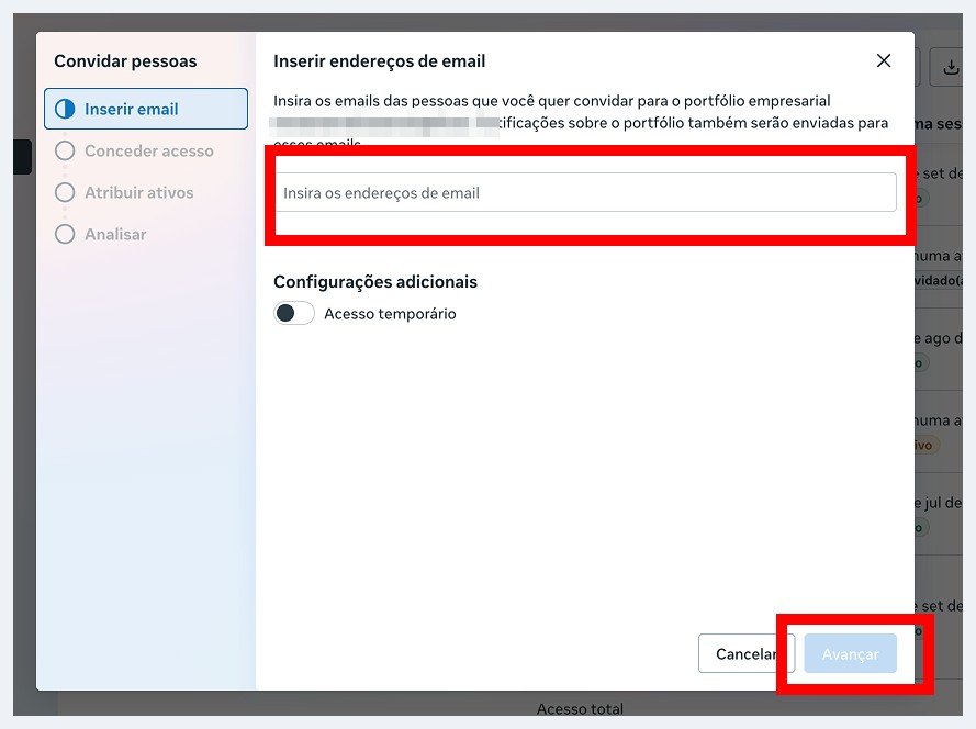 Campo para inserir o endereço de e-mail da pessoa convidada, com o botão Avançar destacado