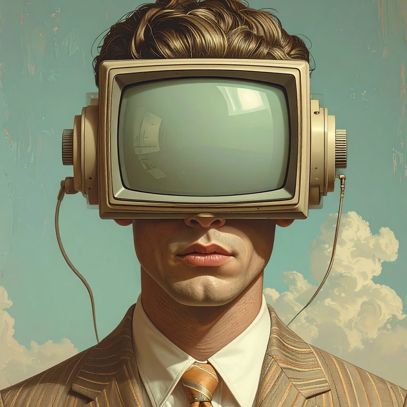 Pessoa de terno com uma TV antiga no lugar da cabeça